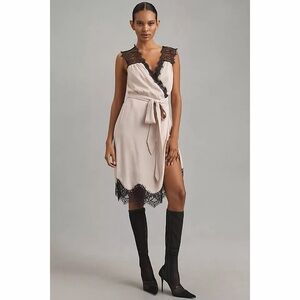 Anthropologie Blush Sleeveless Wrap Dress with Black Lace Trim